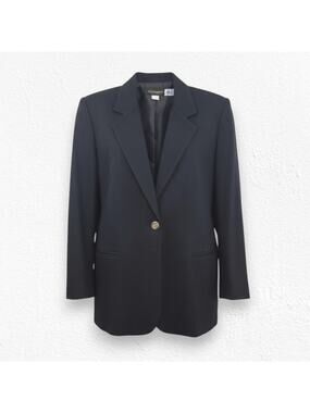 Vintage 90s Black Wool Blazer USA Made Crest Single Button Jacket Size 14